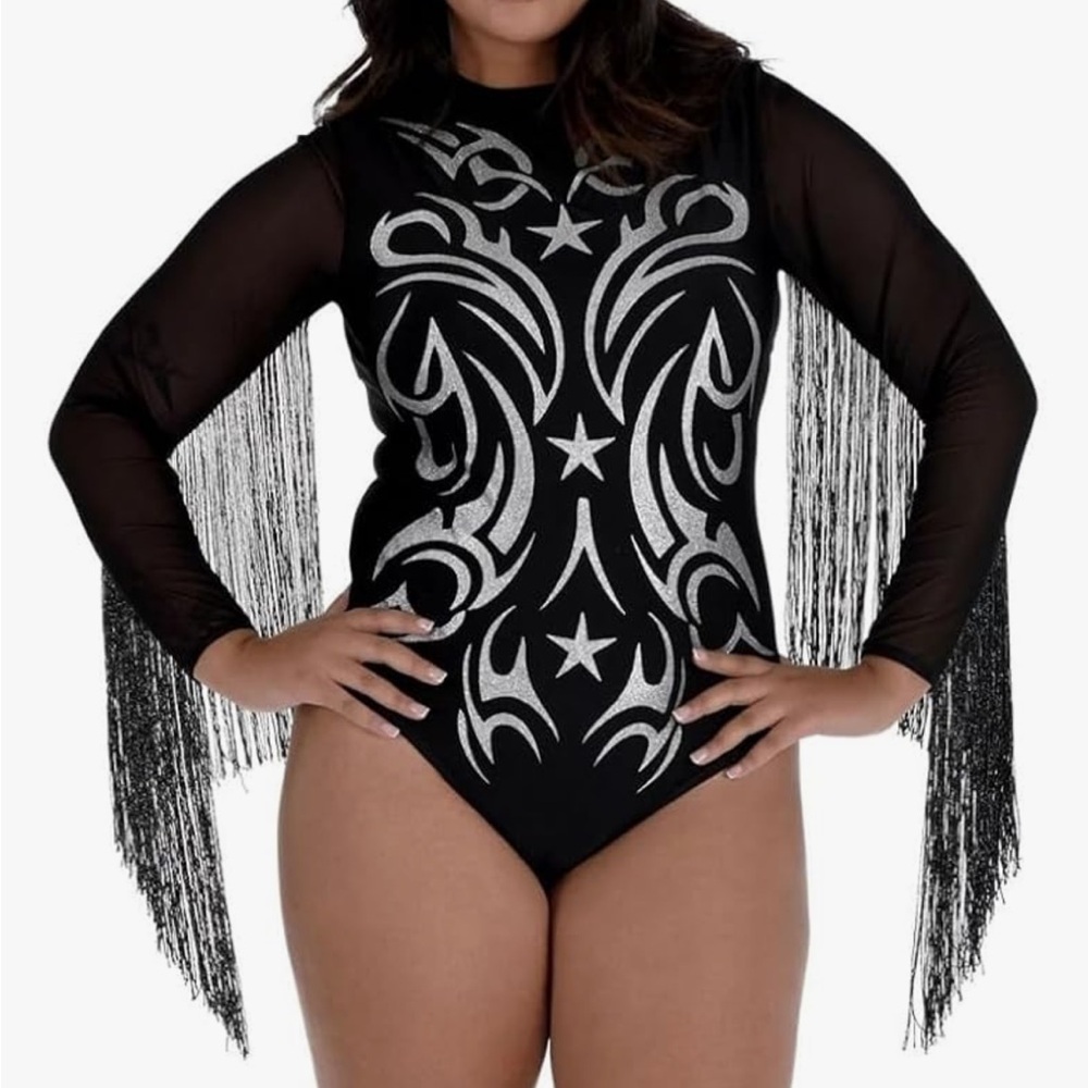 Cowgirl Glam Black silver Bodysuit NEW with Fringe plus size costume 18-20 2X